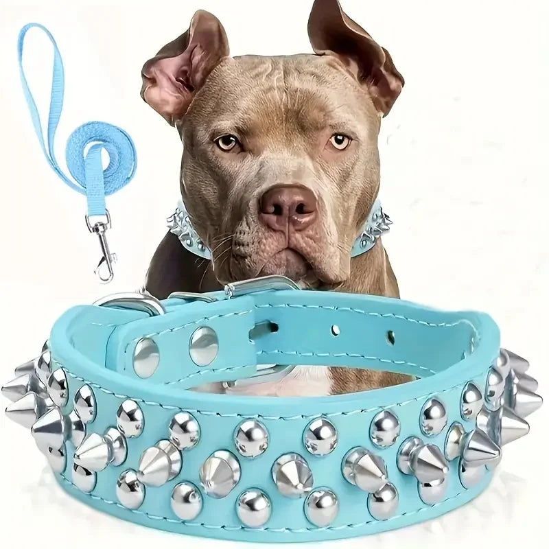 Spiked Leather Dog Collar & Leash Set — Adjustable for Outdoor Walking