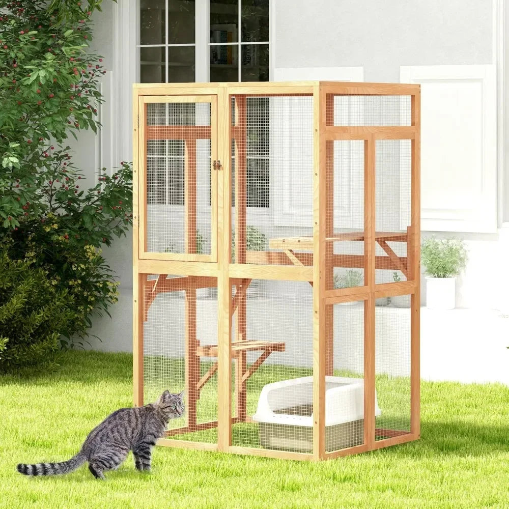 Outdoor Catio Cat Enclosure with Hammock — Pinewood & Wire Mesh, 39x33x64"