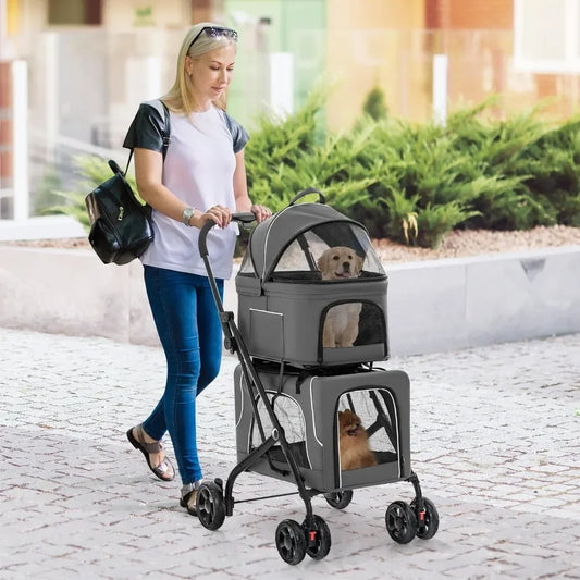 Double Pet Stroller for Dogs & Cats — Foldable 3-Color Oxford Cloth