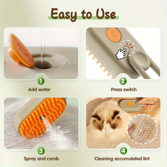 3-in-1 Self-Cleaning Pet Grooming Brush — Steam Spray & Shedding Control