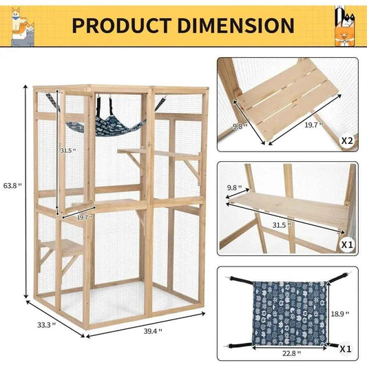 Catio Outdoor Cat Enclosure Window Access, Wooden Cat House Shelter, Kitty Cage with Hammock for Patio Indoor (Wood)