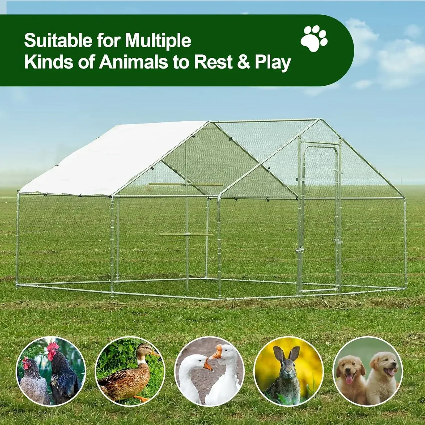 Large Walk-In Metal Chicken Coop — Waterproof & Anti-UV Cover, Heavy Duty Poultry Cage