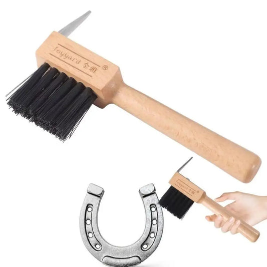 Horse Hoof Pick with Wooden Handle — Stainless Steel & Cleaning Brush