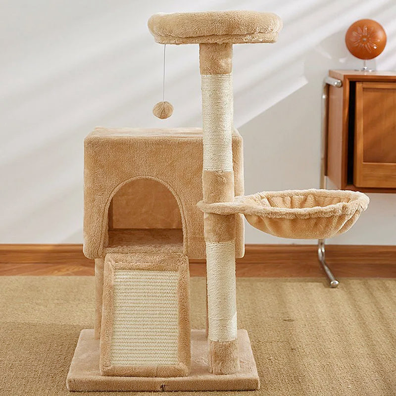 Luxury 3-Tier Cat Tower with Hammock, Sisal Scratching Post & Dangling Balls