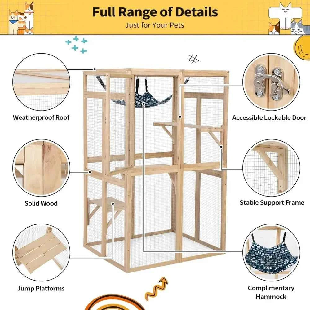 Catio Outdoor Cat Enclosure Window Access, Wooden Cat House Shelter, Kitty Cage with Hammock for Patio Indoor (Wood)
