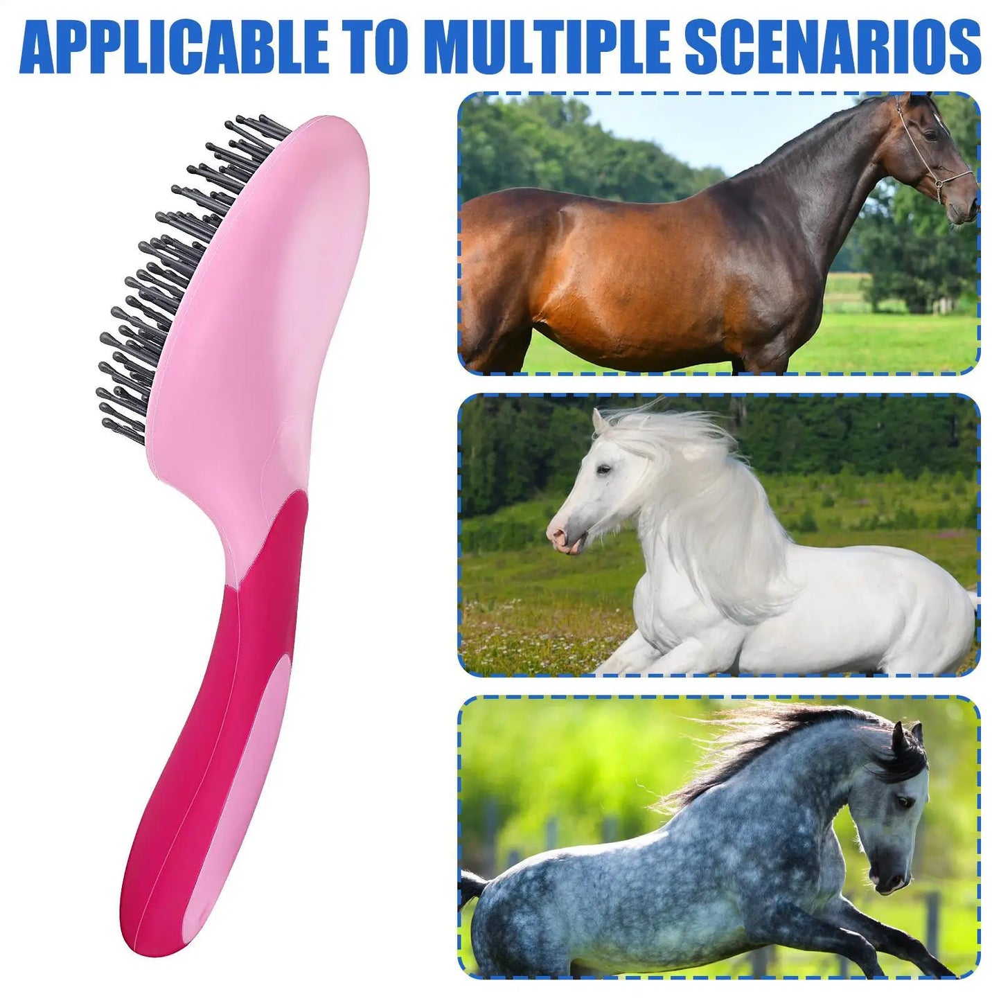 Horse Mane & Tail Brush — Soft Rubber Grip, Needle Bristles (Random Color)