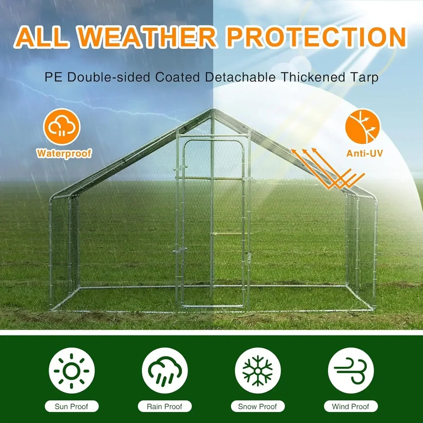 Large Walk-In Metal Chicken Coop — Waterproof & Anti-UV Cover, Heavy Duty Poultry Cage