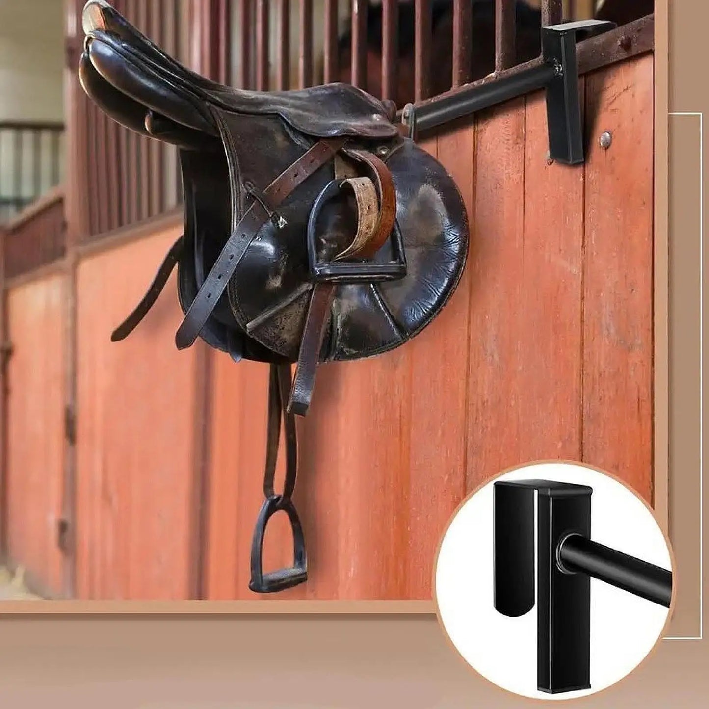 Horse Saddle Rack Stand & Organizer — Removable Black Bar for Stall Walls, Doors & Trailers