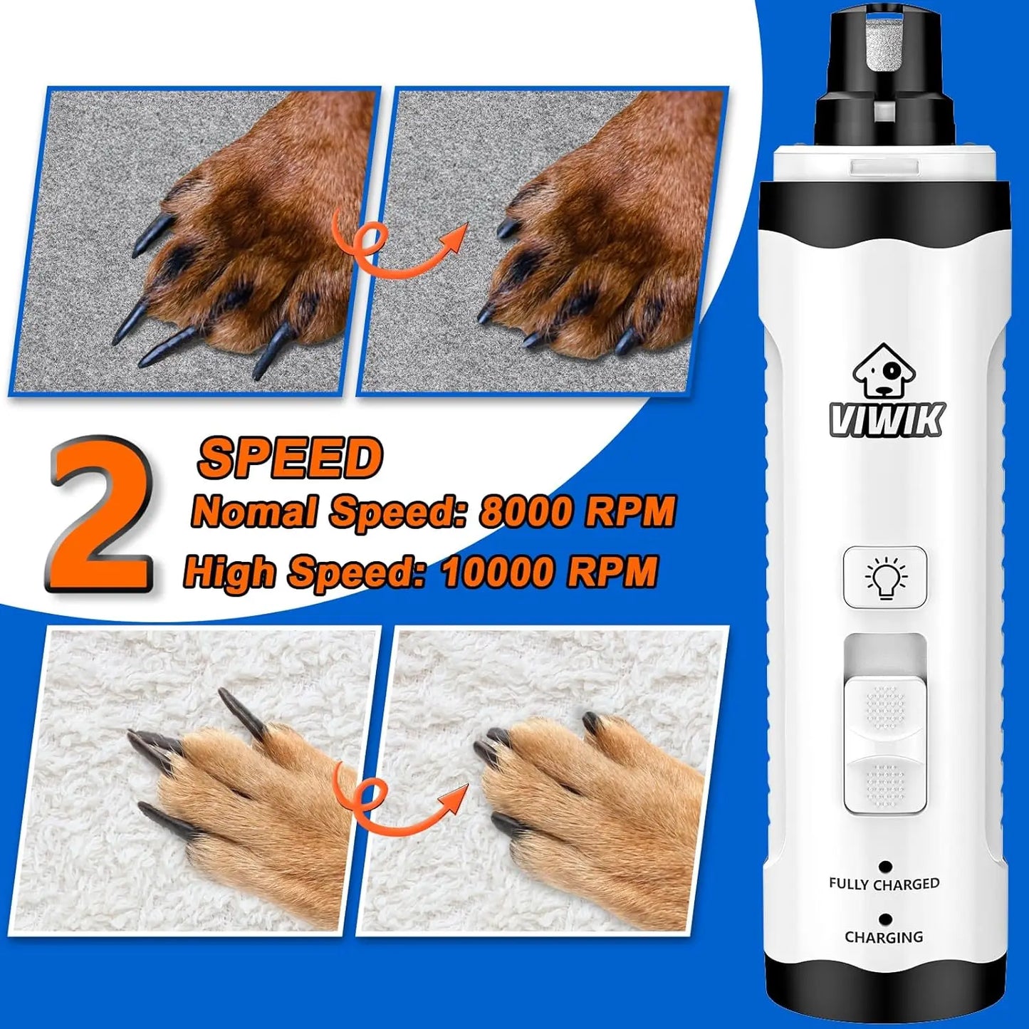 Electric Pet Nail Trimmer with Light — Quiet 2-Speed Grinder for Dogs & Cats