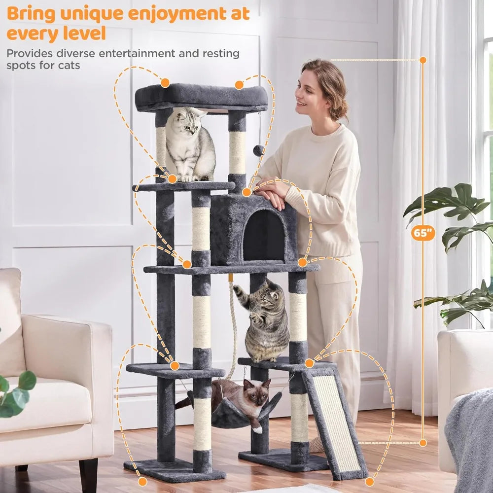 63" Multi-Level Cat Tree — Sisal Scratching Posts, Condo, Hammock & Dangling Ball