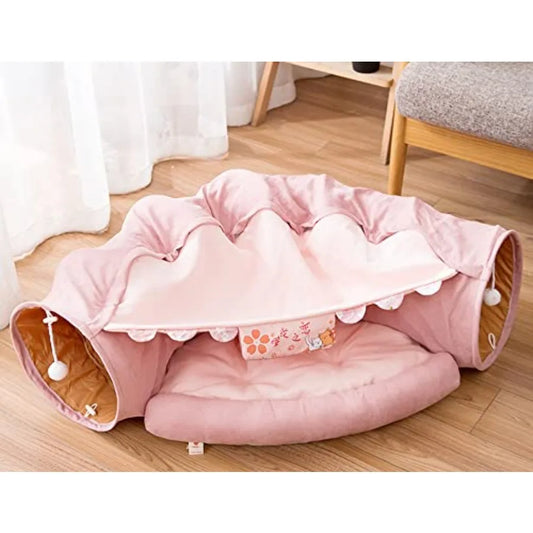 2-in-1 Cat Tunnel Bed — Collapsible Crinkle Tube with Cushion & Plush Ball Toy