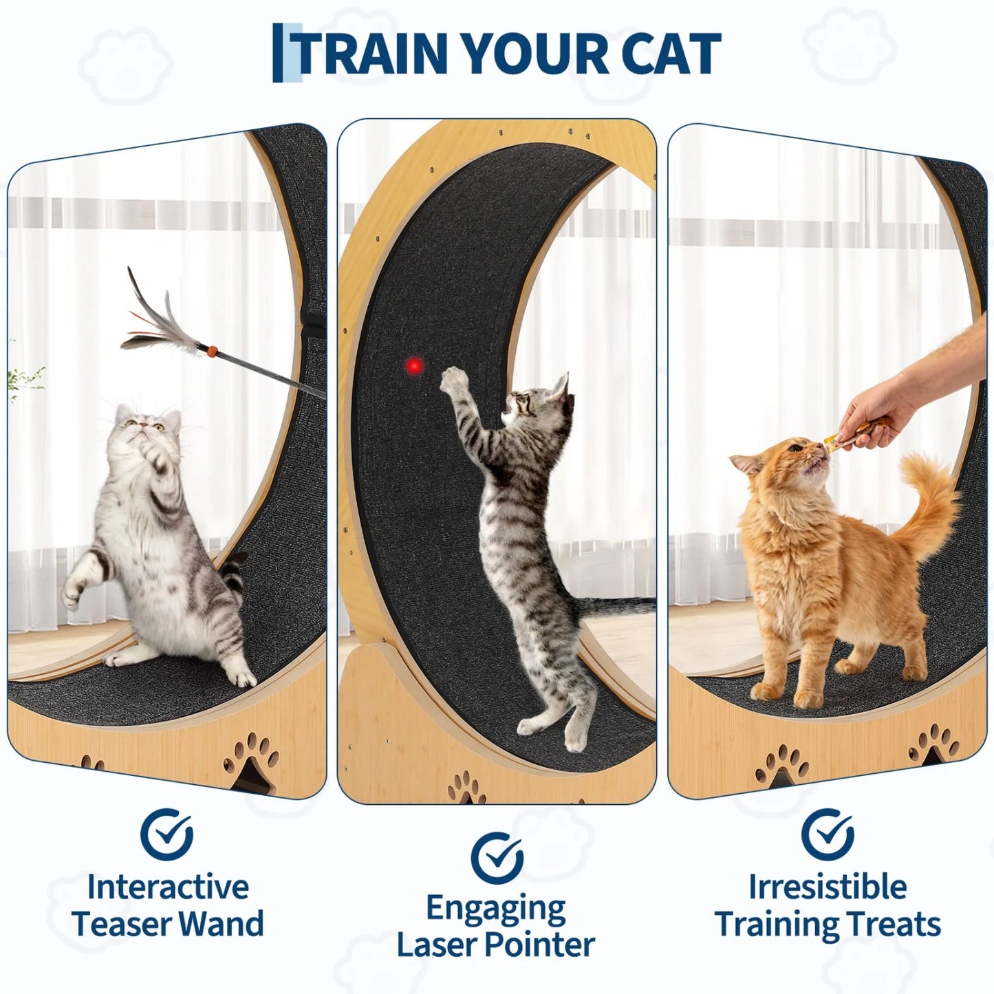 Wooden Cat Exercise Wheel — Large Indoor Running Treadmill with Low Noise & Removable Carpet