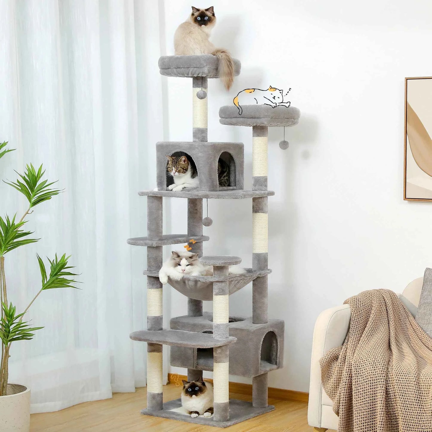 Large Cat Tree and Tower for Indoor Cats With Sisal-Covered Scratching Posts Spacious Hammock Padded Perches and Condos Cat Toys