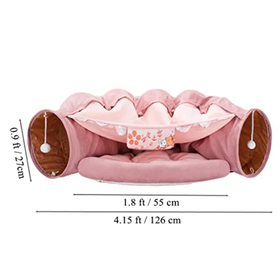 2-in-1 Cat Tunnel Bed — Collapsible Crinkle Tube with Cushion & Plush Ball Toy
