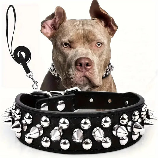 Spiked Leather Dog Collar & Leash Set — Adjustable for Outdoor Walking