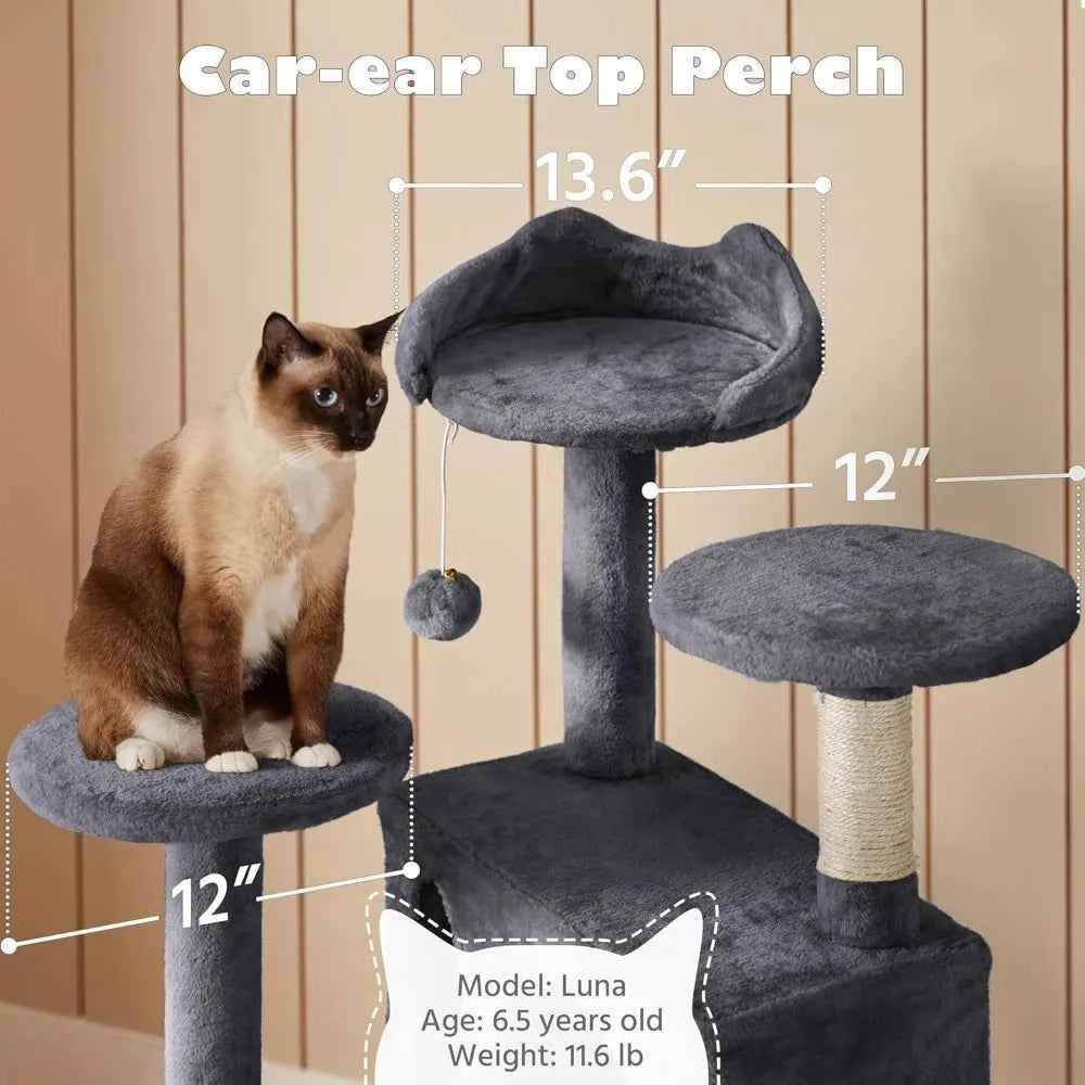 Yah 54in Cat Tree,Multi-Level Tower with Kitten-Ear Perch,2 Caves,Scratching Posts,Ladder,2 Plush Balls for Indoor Cats