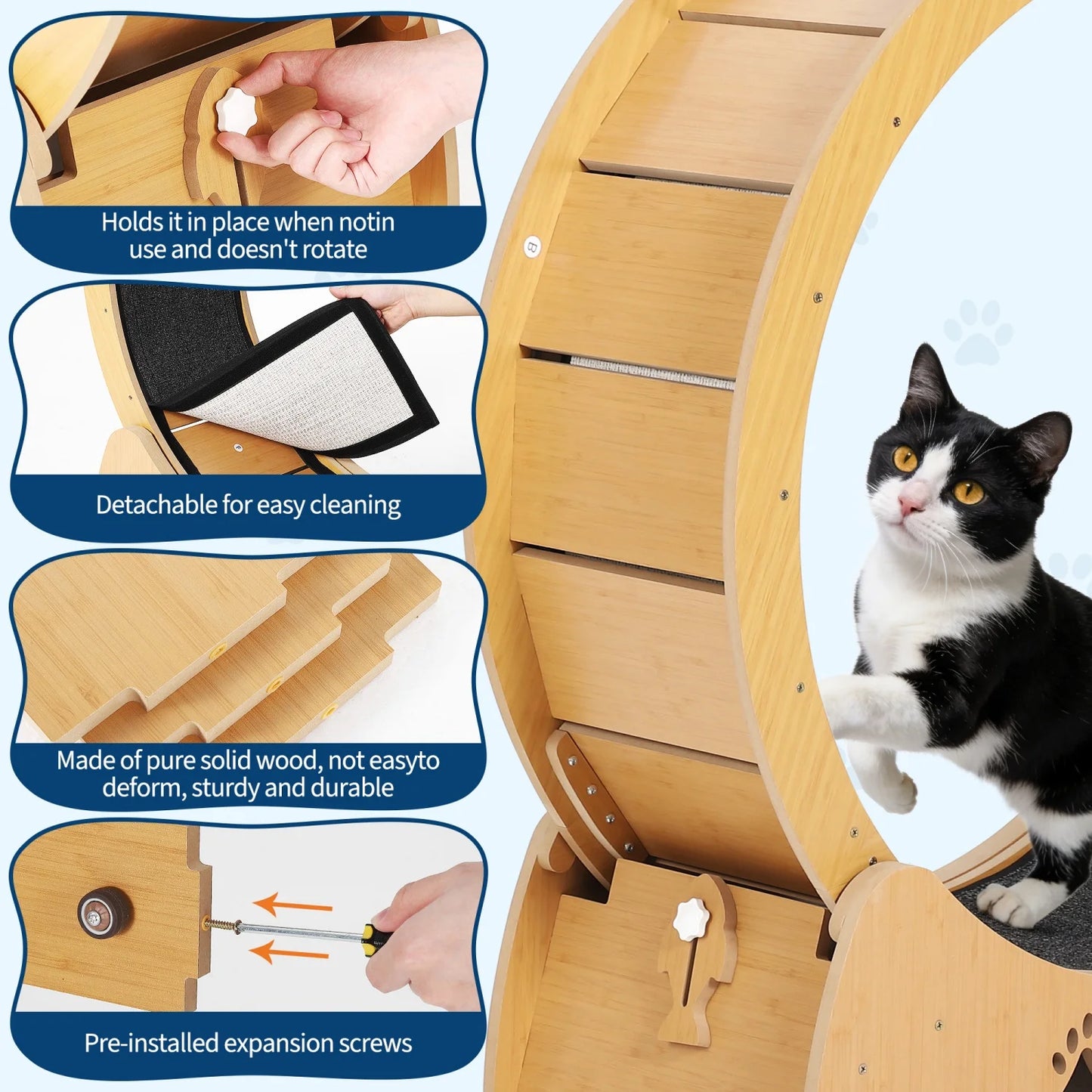 Wooden Cat Exercise Wheel — Large Indoor Running Treadmill with Low Noise & Removable Carpet