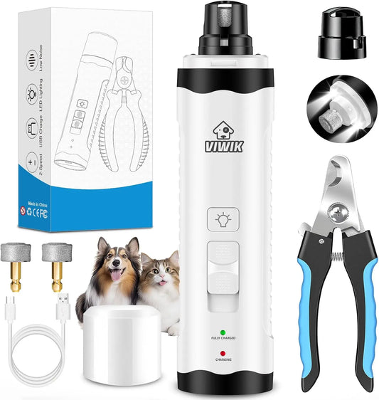 Electric Pet Nail Trimmer with Light — Quiet 2-Speed Grinder for Dogs & Cats