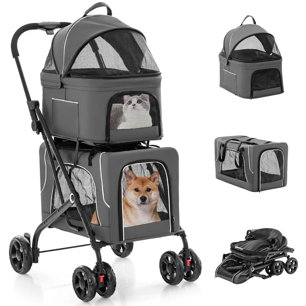 Double Pet Stroller for Dogs & Cats — Foldable 3-Color Oxford Cloth