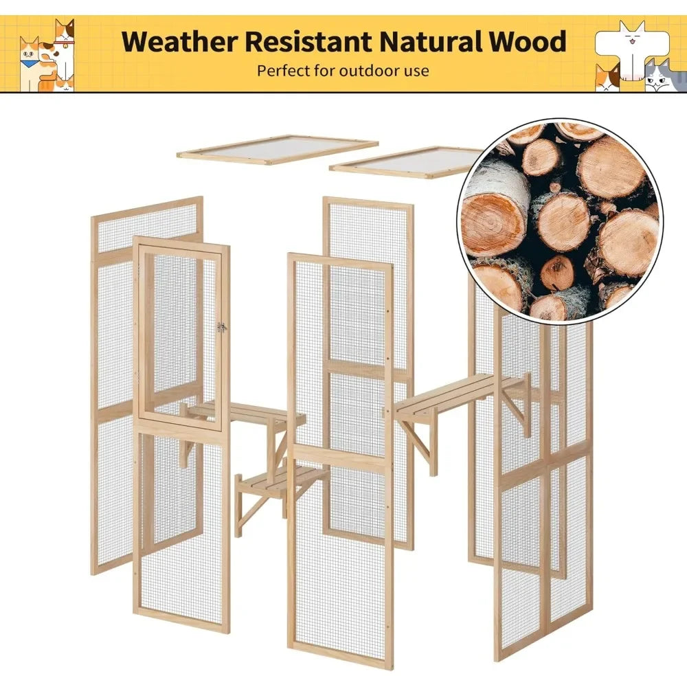 Outdoor Catio Cat Enclosure with Hammock — Pinewood & Wire Mesh, 39x33x64"