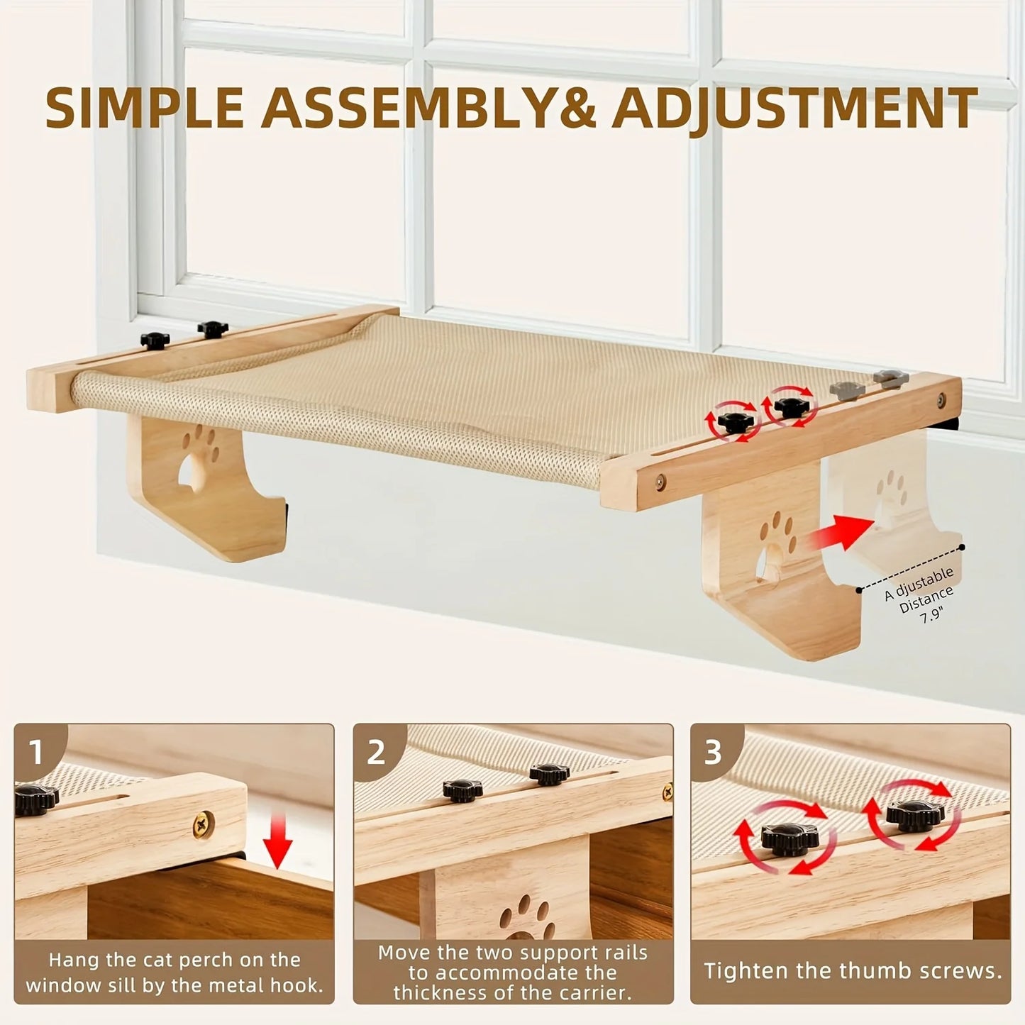Cat Window Sill Perch — Adjustable Wooden & Metal Frame Indoor Cat Hammock