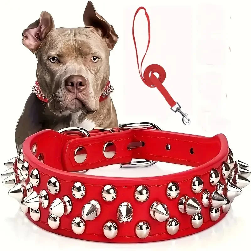 Spiked Leather Dog Collar & Leash Set — Adjustable for Outdoor Walking