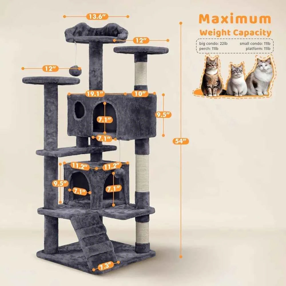 Yah 54in Cat Tree,Multi-Level Tower with Kitten-Ear Perch,2 Caves,Scratching Posts,Ladder,2 Plush Balls for Indoor Cats