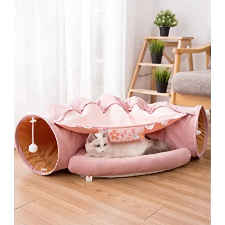 2-in-1 Cat Tunnel Bed — Collapsible Crinkle Tube with Cushion & Plush Ball Toy