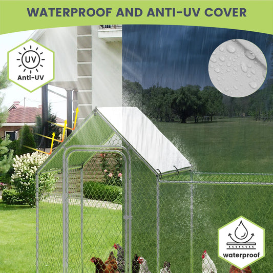 Walk-In Metal Chicken Coop with Waterproof Cover — 10x3.3x5 Ft | Outdoor Backyard & Farm Poultry Cage