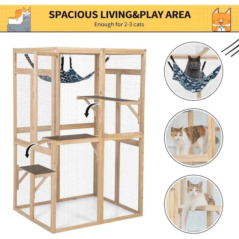 Catio Outdoor Cat Enclosure Window Access, Wooden Cat House Shelter, Kitty Cage with Hammock for Patio Indoor (Wood)