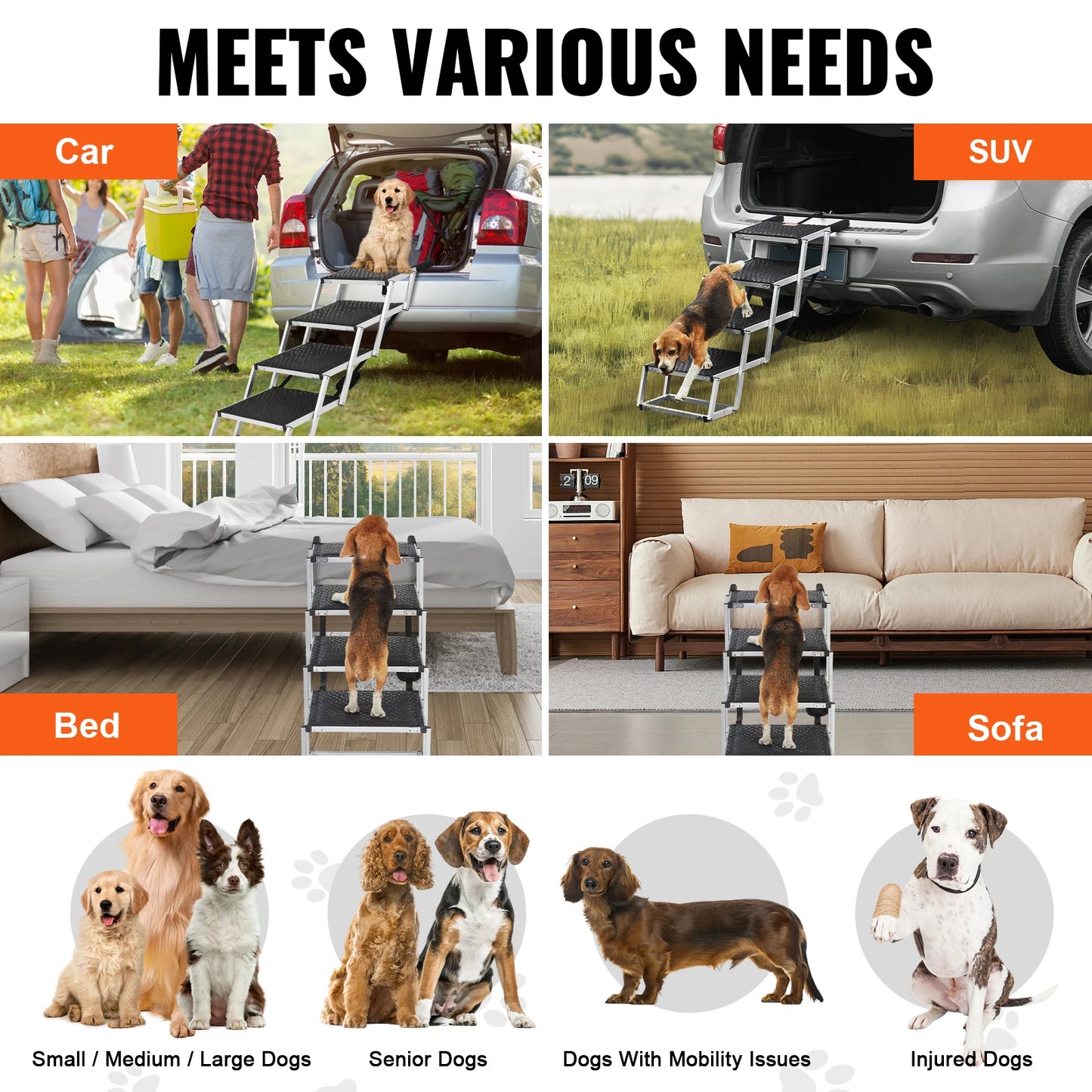 Folding Dog Car Steps — Wide Portable Aluminum Pet Stairs for Cars, SUVs & Trucks