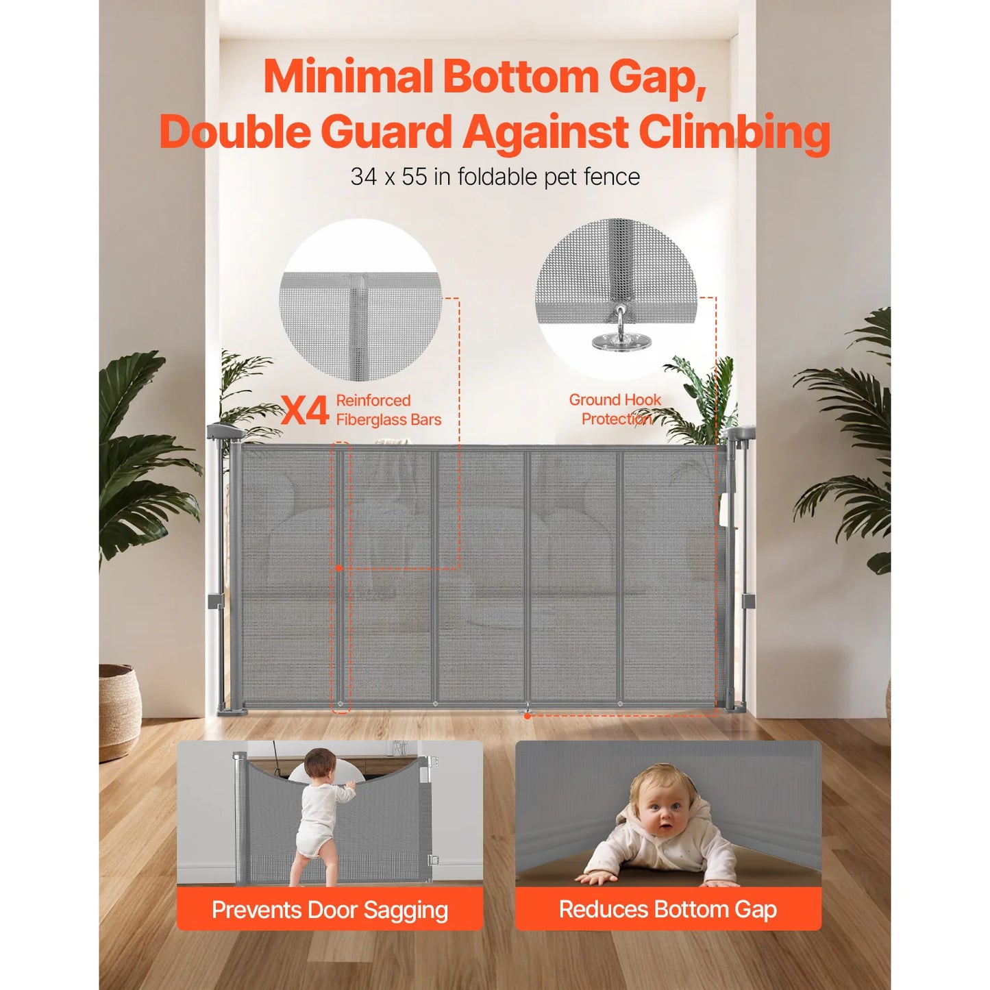 Retractable Pet Gate — Extends 55” to 110” Wide, 34” Tall, Easy to Install