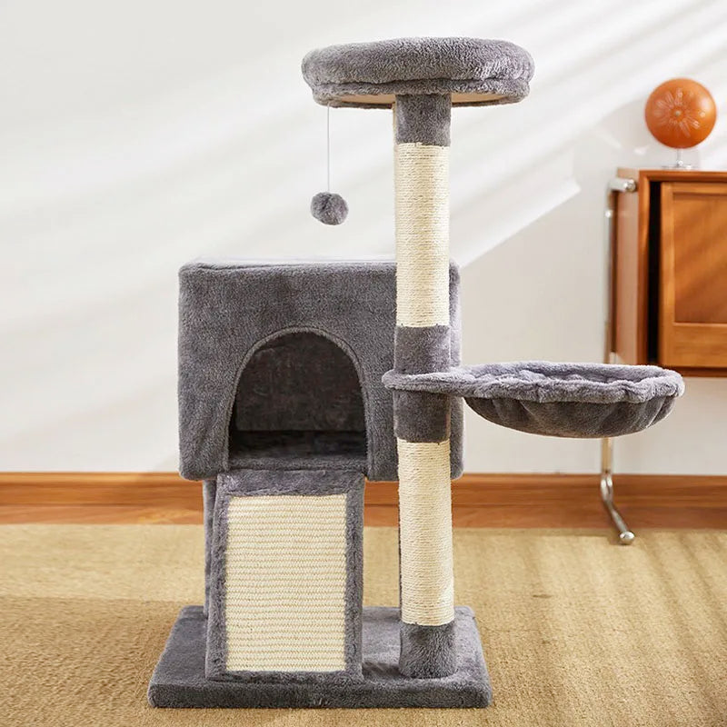 Luxury 3-Tier Cat Tower with Hammock, Sisal Scratching Post & Dangling Balls