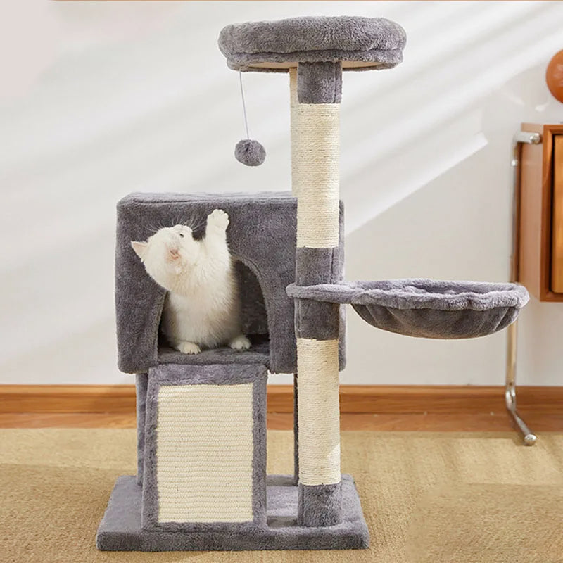 Luxury 3-Tier Cat Tower with Hammock, Sisal Scratching Post & Dangling Balls