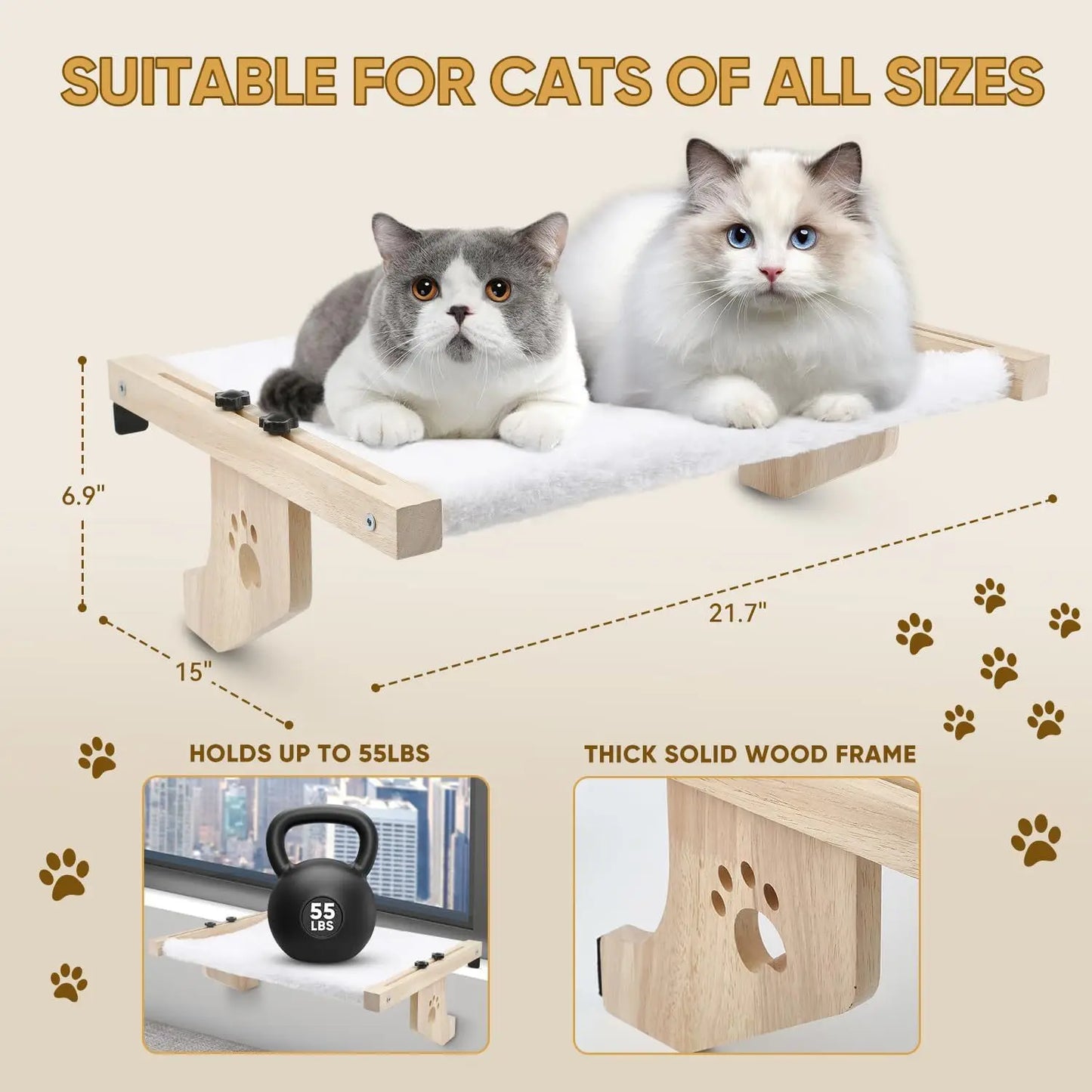 Cat Window Sill Perch — Adjustable Wooden & Metal Frame Indoor Cat Hammock