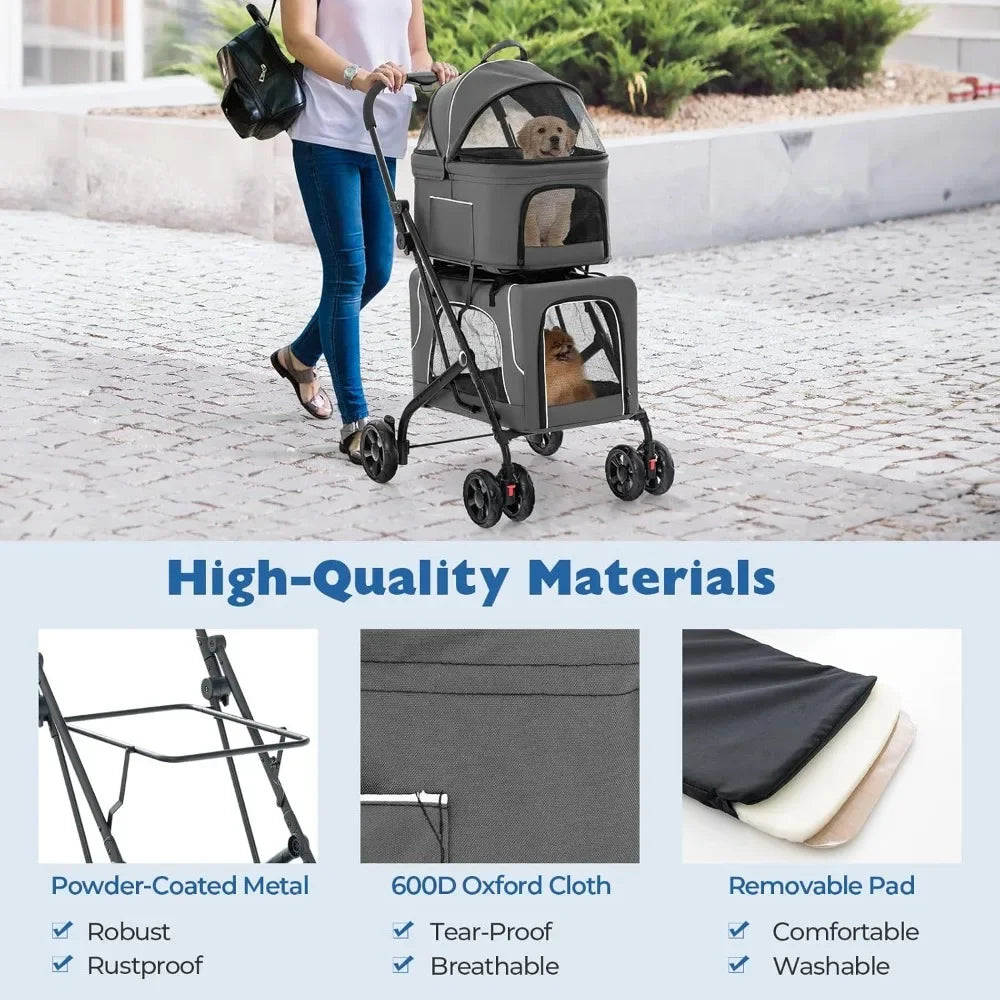 Double Pet Stroller for Dogs & Cats — Foldable 3-Color Oxford Cloth