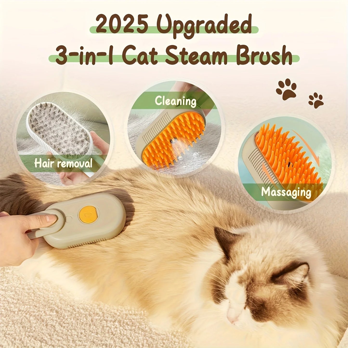 3-in-1 Self-Cleaning Pet Grooming Brush — Steam Spray & Shedding Control