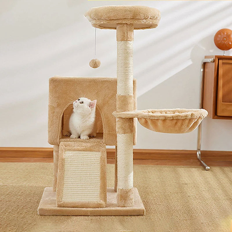 Luxury 3-Tier Cat Tower with Hammock, Sisal Scratching Post & Dangling Balls