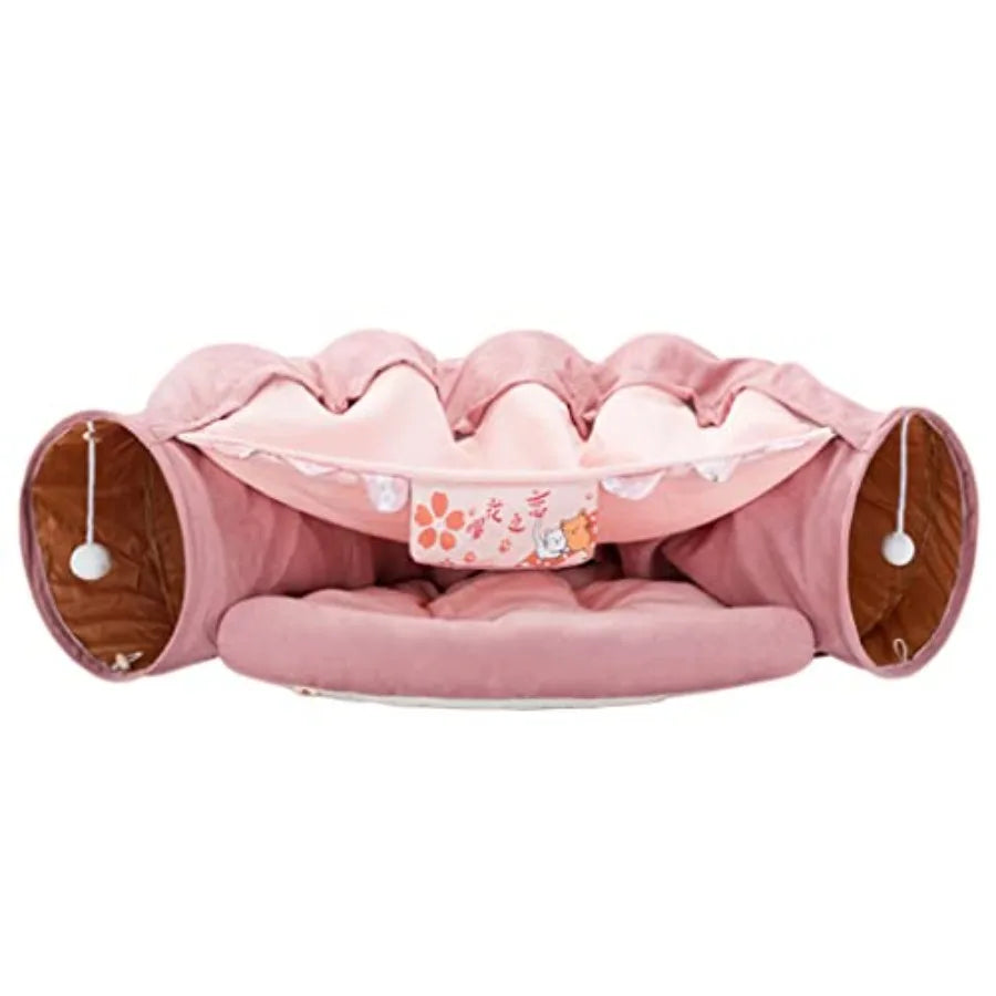 2-in-1 Cat Tunnel Bed — Collapsible Crinkle Tube with Cushion & Plush Ball Toy