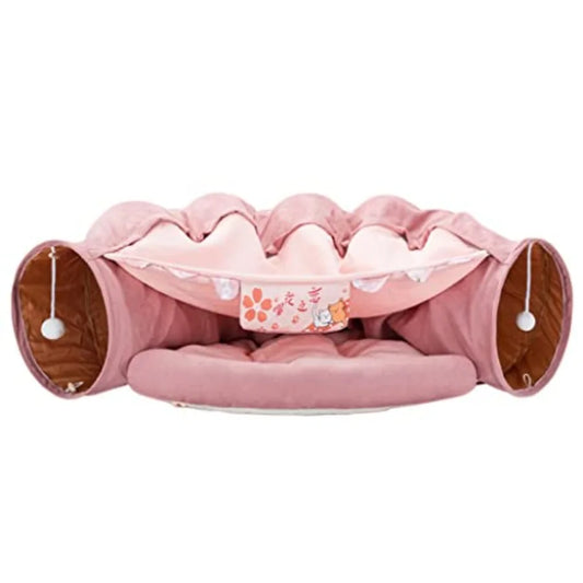 2-in-1 Cat Tunnel Bed — Collapsible Crinkle Tube with Cushion & Plush Ball Toy