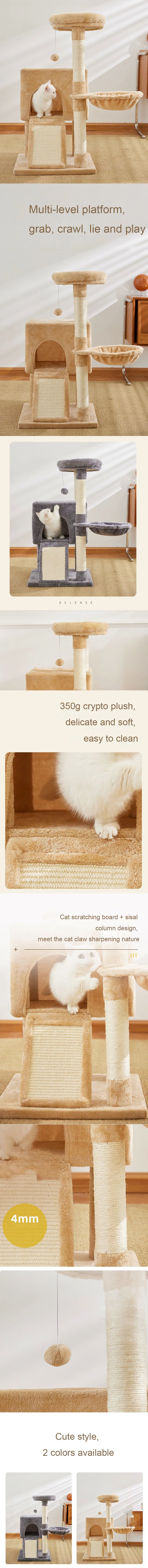 Luxury 3-Tier Cat Tower with Hammock, Sisal Scratching Post & Dangling Balls
