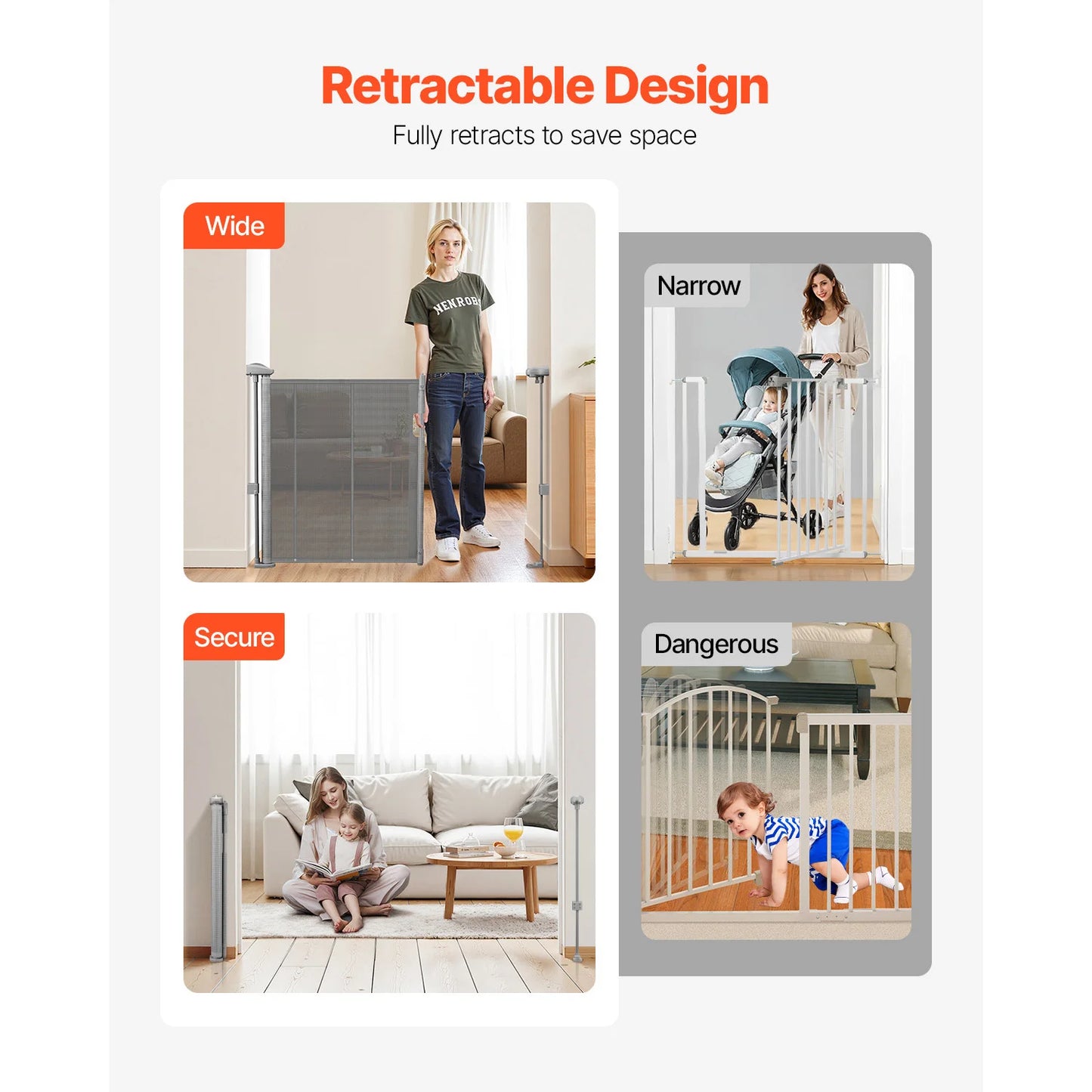 Retractable Pet Gate — Extends 55” to 110” Wide, 34” Tall, Easy to Install