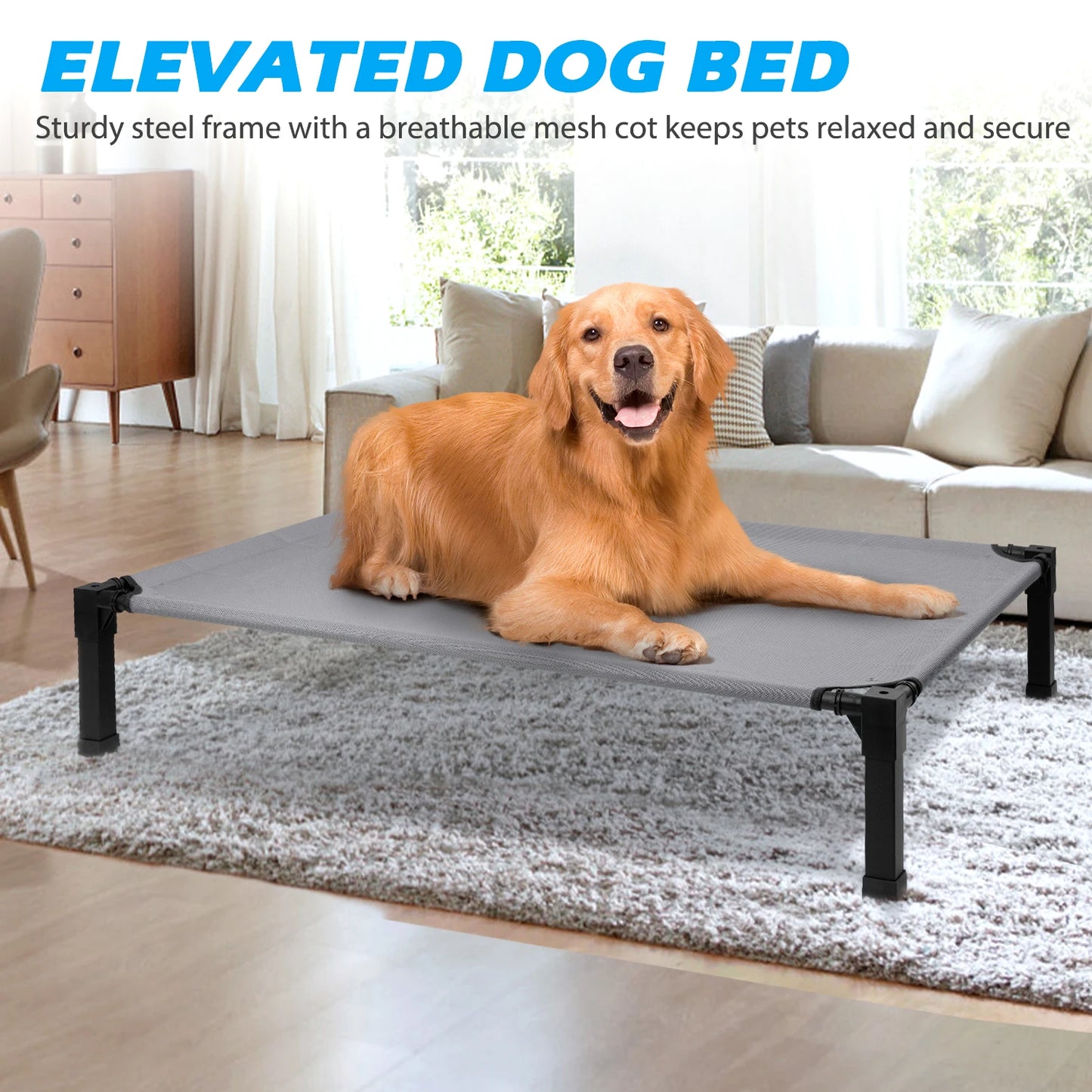 Elevated Metal Frame Dog Bed — Cooling, Chew-Proof, Breathable Mesh with Attachable Top