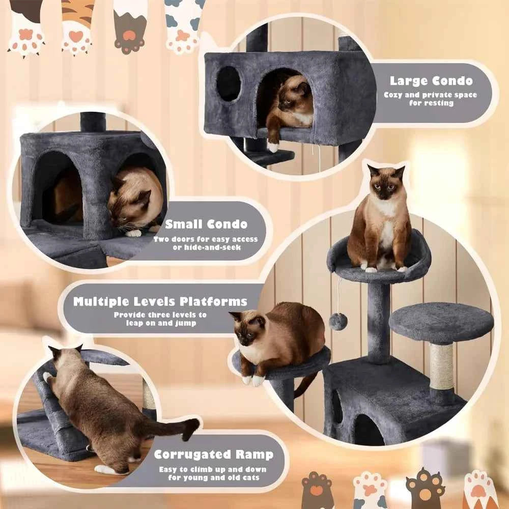 Yah 54in Cat Tree,Multi-Level Tower with Kitten-Ear Perch,2 Caves,Scratching Posts,Ladder,2 Plush Balls for Indoor Cats