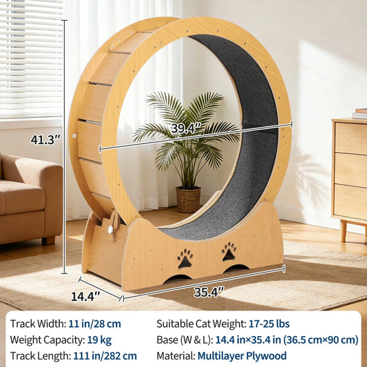Wooden Cat Exercise Wheel — Large Indoor Running Treadmill with Low Noise & Removable Carpet