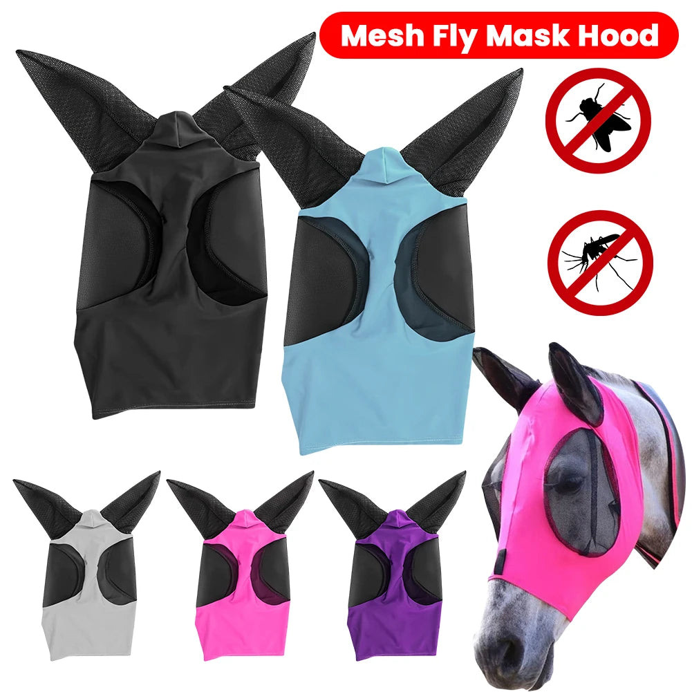 Horse Fly Mask — Breathable Mesh Hood with Ear Protection | Anti-Fly & Mosquito Bonnet | Black, Grey, Blue, Red, Purple