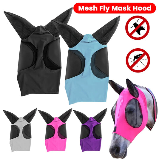 Horse Fly Mask — Breathable Mesh Hood with Ear Protection | Anti-Fly & Mosquito Bonnet | Black, Grey, Blue, Red, Purple