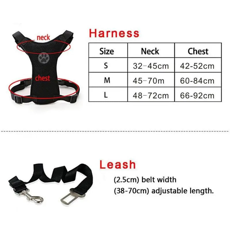 Breathable Mesh Dog Harness & Car Seat Belt — Adjustable, Sizes S, M, L