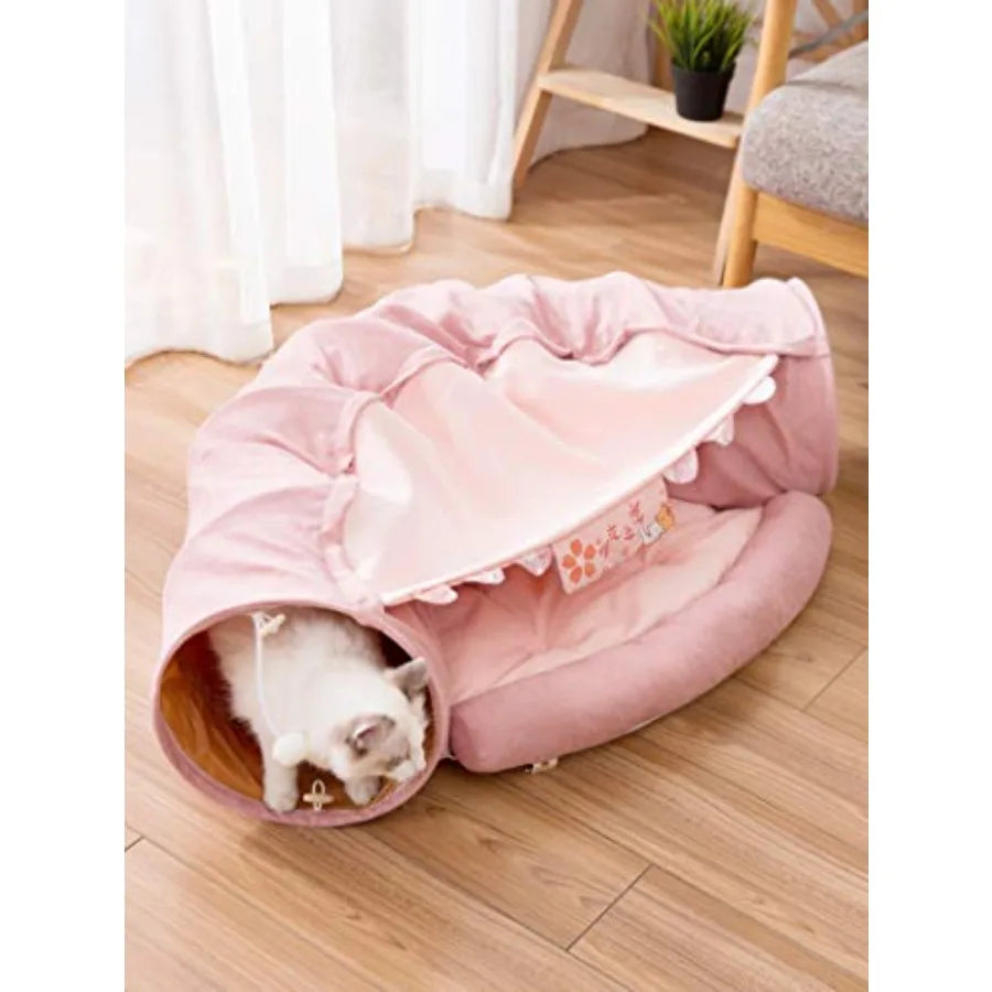 2-in-1 Cat Tunnel Bed — Collapsible Crinkle Tube with Cushion & Plush Ball Toy
