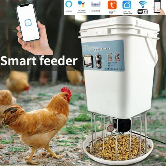 Gravity Bucket Poultry Feeder — Fill, Flip & Feed | Automatic Trough for Chickens, Ducks & Pigeons | WiFi or Solar Timer